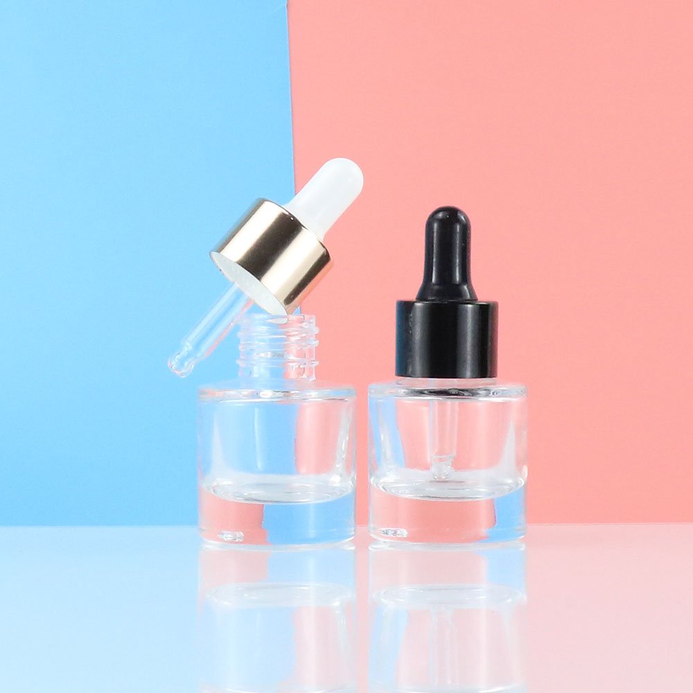 Wholesale 30ml transparent matte cosmetic flat shoulder eye serum dropper glass bottle set with white dropper lid