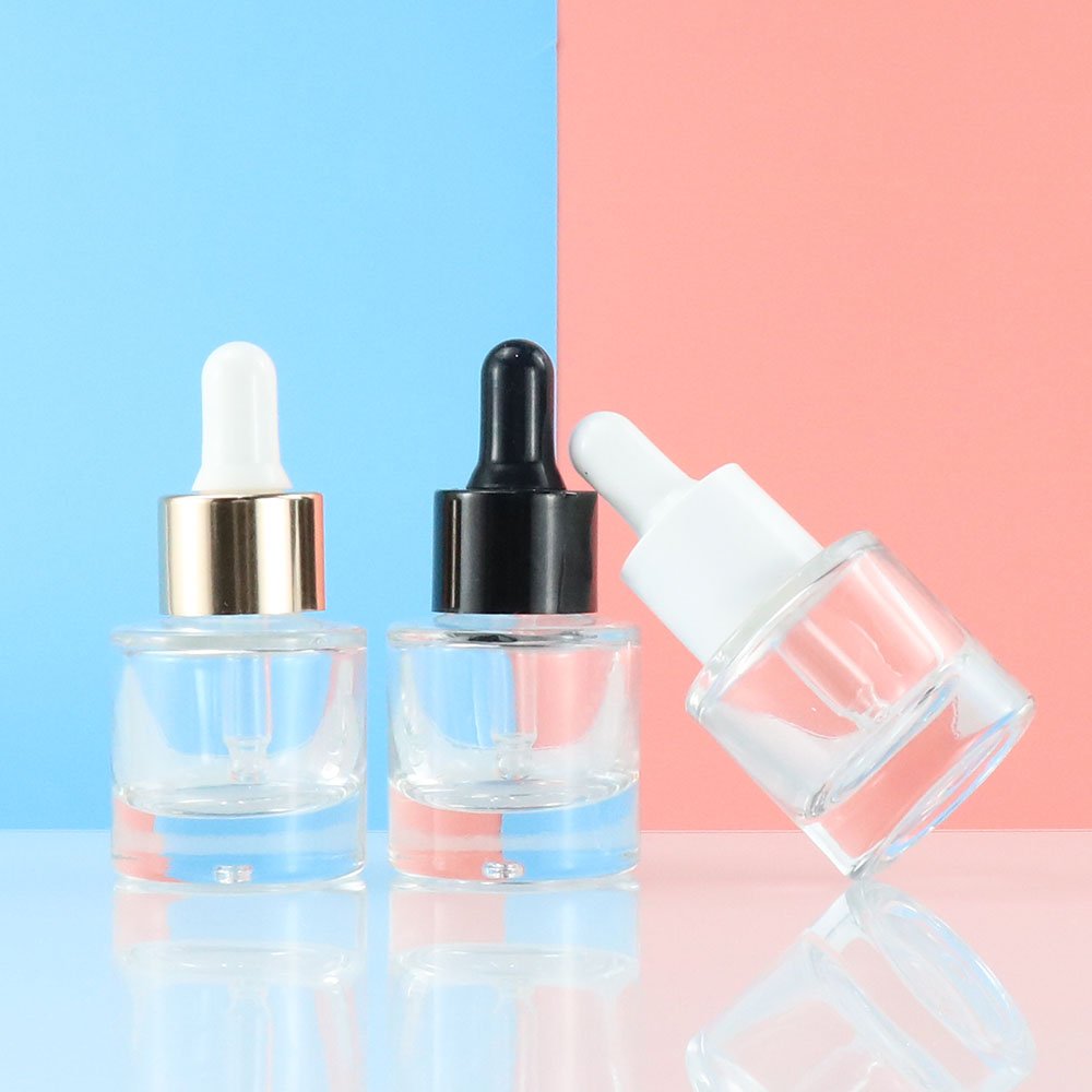Wholesale 30ml transparent matte cosmetic flat shoulder eye serum dropper glass bottle set with white dropper lid
