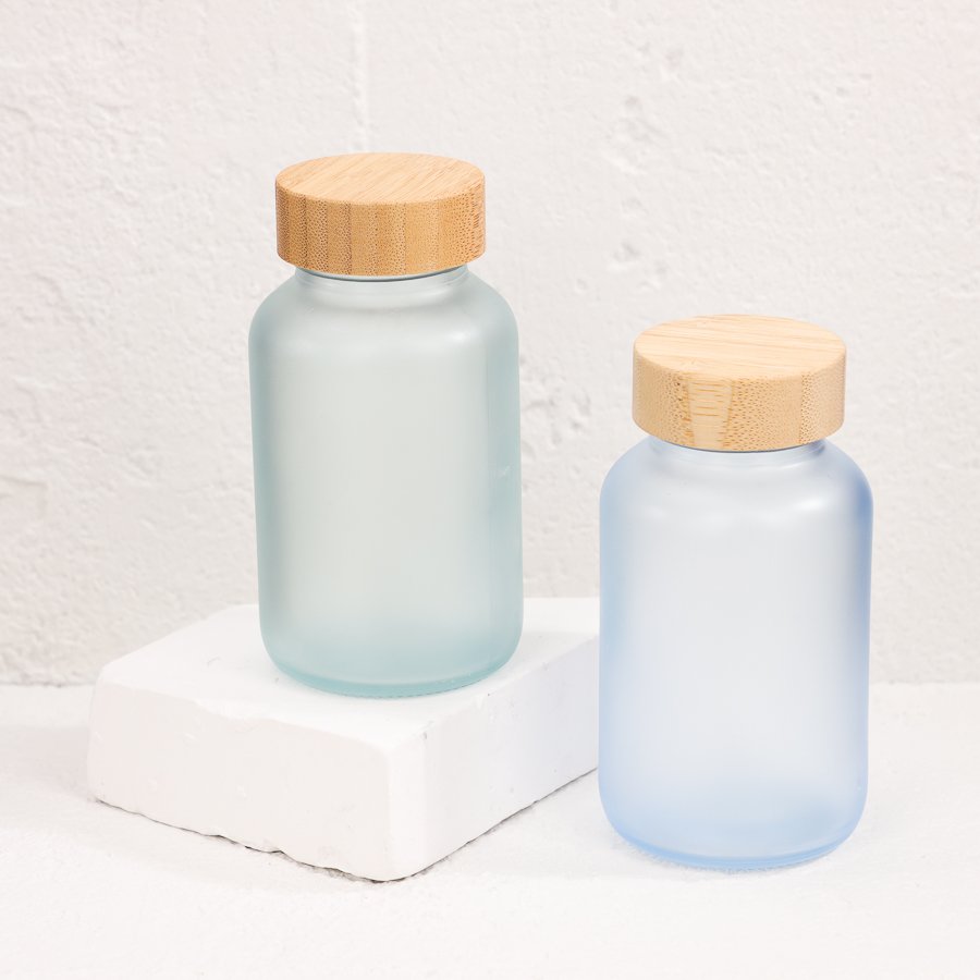 Frost Glass 200cc Capsule glass Bottle Frosted Glass Pill Bottle Jar container Medical Pills tablets with Wooden Bamboo Cap