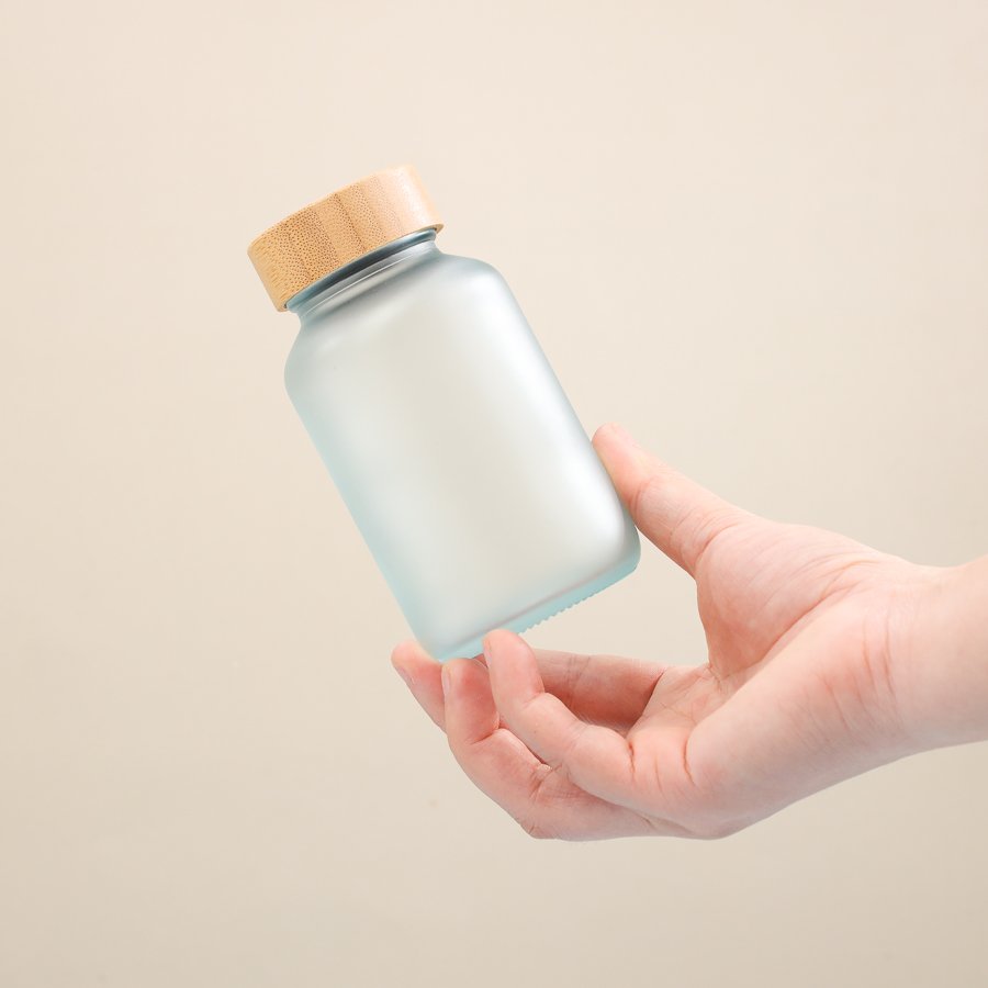 Frost Glass 200cc Capsule glass Bottle Frosted Glass Pill Bottle Jar container Medical Pills tablets with Wooden Bamboo Cap