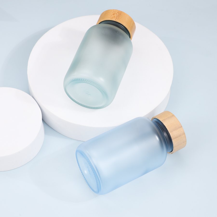 Frost Glass 200cc Capsule glass Bottle Frosted Glass Pill Bottle Jar container Medical Pills tablets with Wooden Bamboo Cap