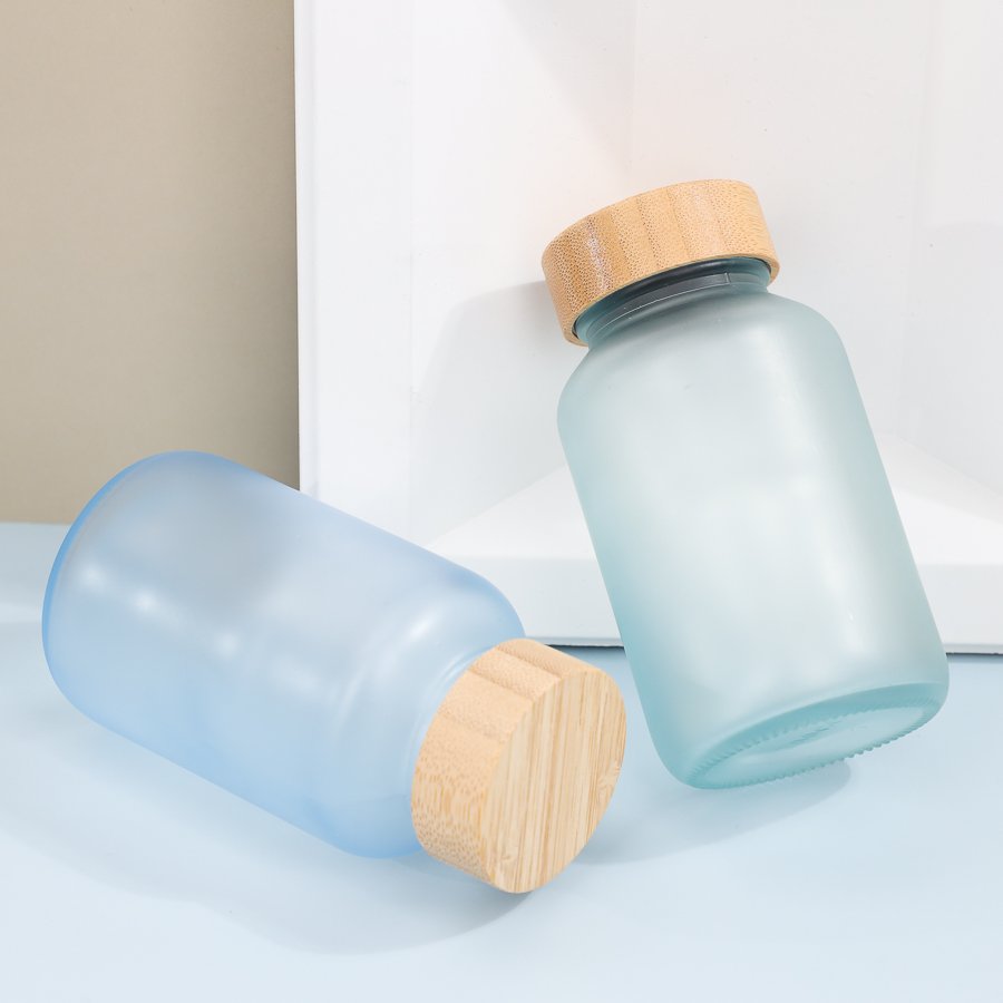 Frost Glass 200cc Capsule glass Bottle Frosted Glass Pill Bottle Jar container Medical Pills tablets with Wooden Bamboo Cap