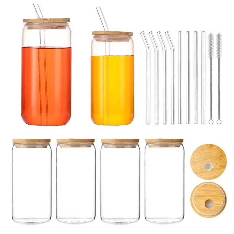 Libbey 16oz Fast Custom Glass Beer Soda Cups minimalist style 16oz Glass Can with Bamboo Lid and Straw for Parties