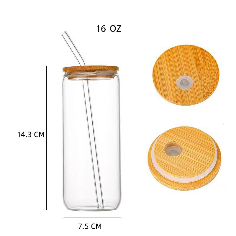 Libbey 16oz Fast Custom Glass Beer Soda Cups minimalist style 16oz Glass Can with Bamboo Lid and Straw for Parties