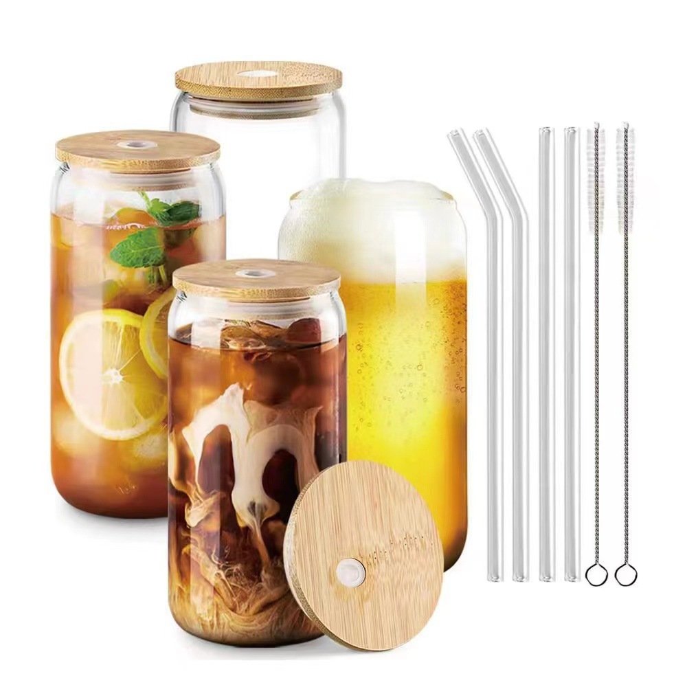 Libbey 16oz Fast Custom Glass Beer Soda Cups minimalist style 16oz Glass Can with Bamboo Lid and Straw for Parties