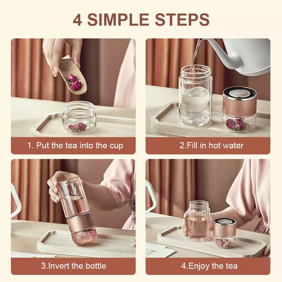 glass water bottle with tea infuser on bottom for hot iced tea