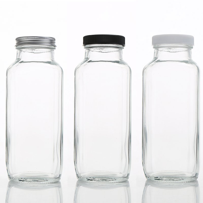 8oz 12oz 16oz 250ml 350ml 500ml 950ml Clear French Square Glass Beverage Bottle for Fruit Juice With Airtight Screw Cap