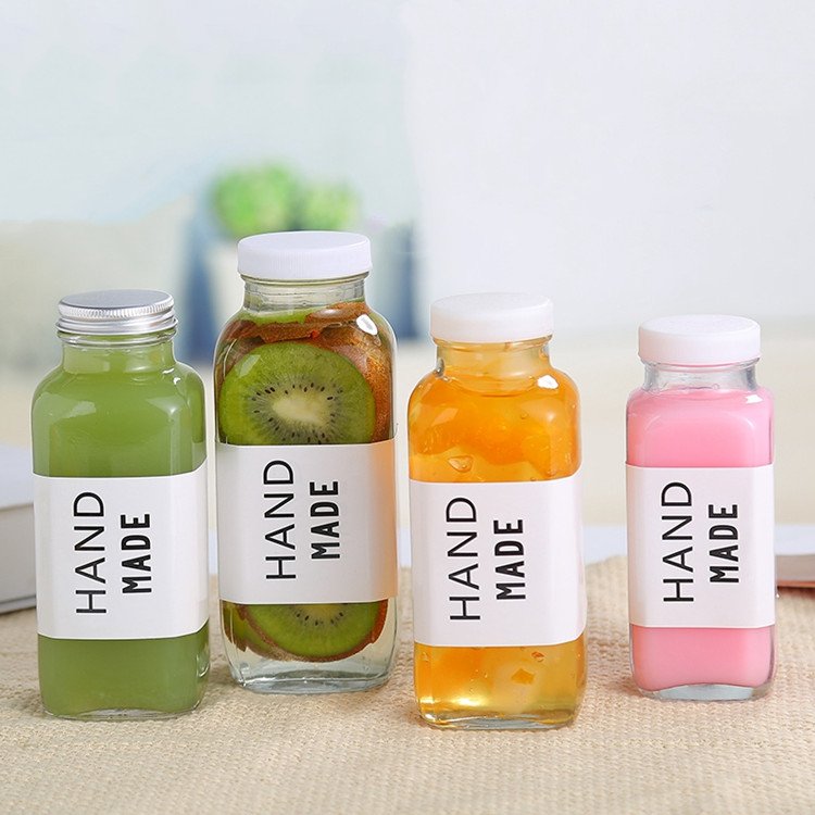 8oz 12oz 16oz 250ml 350ml 500ml 950ml Clear French Square Glass Beverage Bottle for Fruit Juice With Airtight Screw Cap