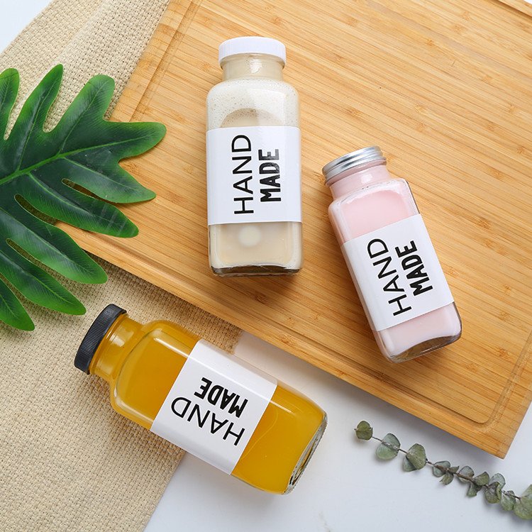 8oz 12oz 16oz 250ml 350ml 500ml 950ml Clear French Square Glass Beverage Bottle for Fruit Juice With Airtight Screw Cap