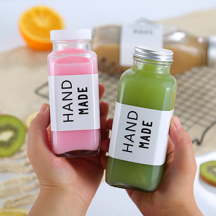 8oz 12oz 16oz 250ml 350ml 500ml 950ml Clear French Square Glass Beverage Bottle for Fruit Juice With Airtight Screw Cap
