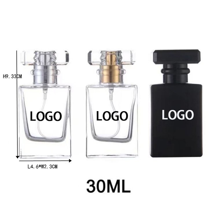 Custom Logo 30ml 50ml 100ml Empty Luxury Flat Square Spray Fragrance Parfum Bottle Clear Black Refillable Perfume Glass Bottle