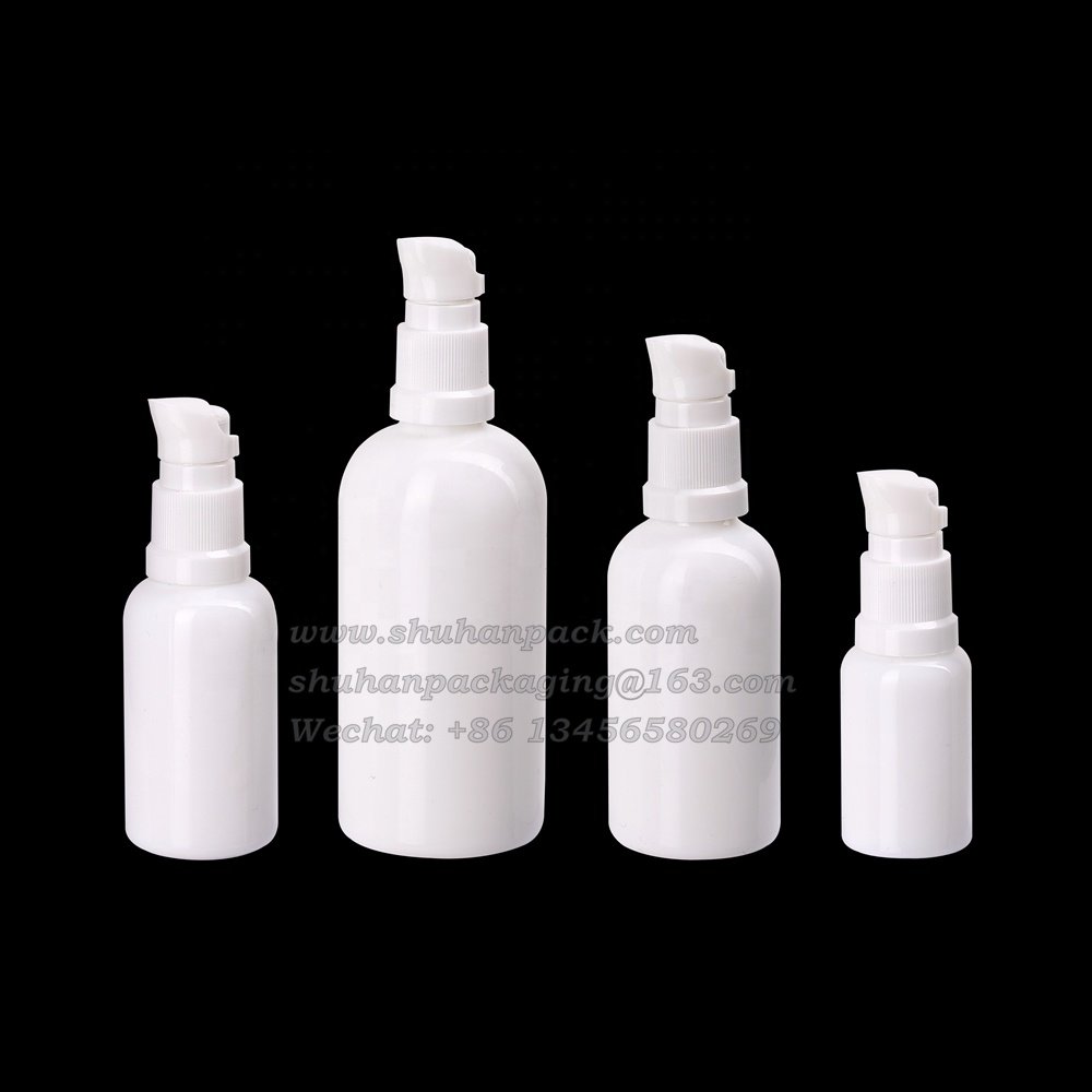 1 oz empty face cream bottle 30ml opal white glass cosmetic bottles 30 ml with white plastic serum pump