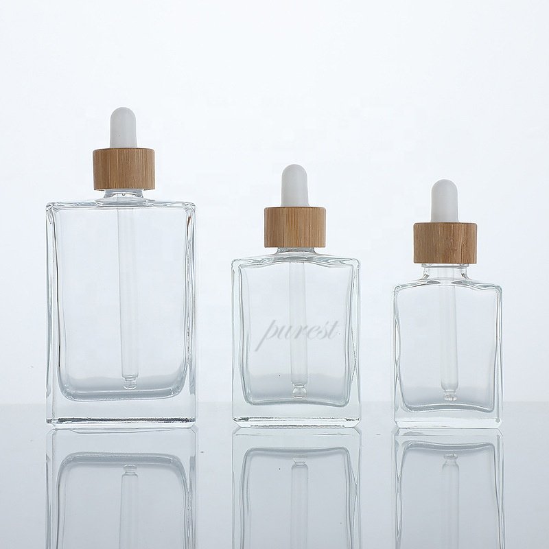 Cosmetic Package Square Clear Glass Pipette Flat Serum Bottles 30ml 50ml 100ml Essential Oil Rectangle Glass Dropper Bottle