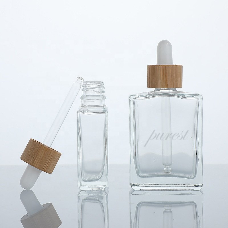 Cosmetic Package Square Clear Glass Pipette Flat Serum Bottles 30ml 50ml 100ml Essential Oil Rectangle Glass Dropper Bottle