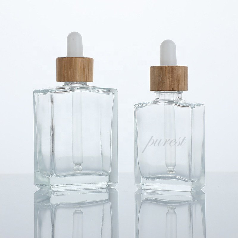 Cosmetic Package Square Clear Glass Pipette Flat Serum Bottles 30ml 50ml 100ml Essential Oil Rectangle Glass Dropper Bottle