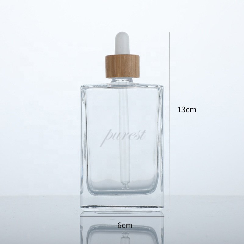 Cosmetic Package Square Clear Glass Pipette Flat Serum Bottles 30ml 50ml 100ml Essential Oil Rectangle Glass Dropper Bottle