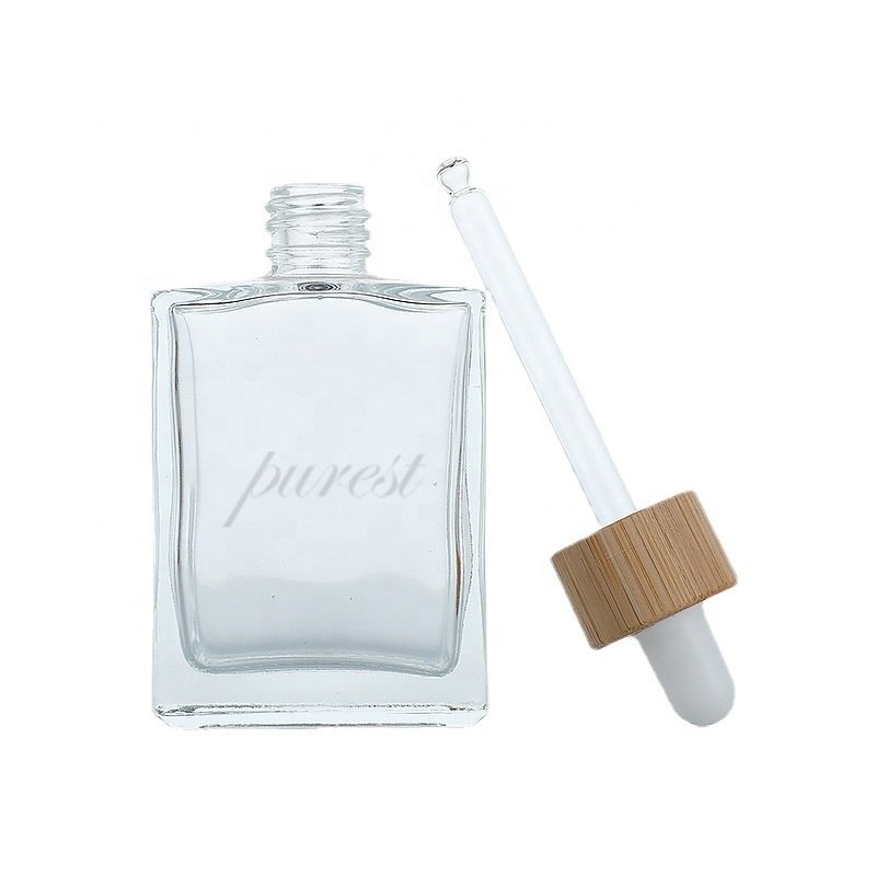 Cosmetic Package Square Clear Glass Pipette Flat Serum Bottles 30ml 50ml 100ml Essential Oil Rectangle Glass Dropper Bottle