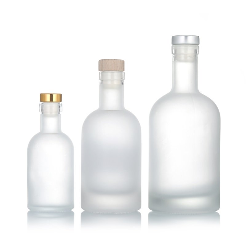 Round Transparent Frost Milk Juice Wine Bottle 100ml 250ml 500ml 1000ml Food Grade Brandy Whisky Glass Bottle With Cork Stopper
