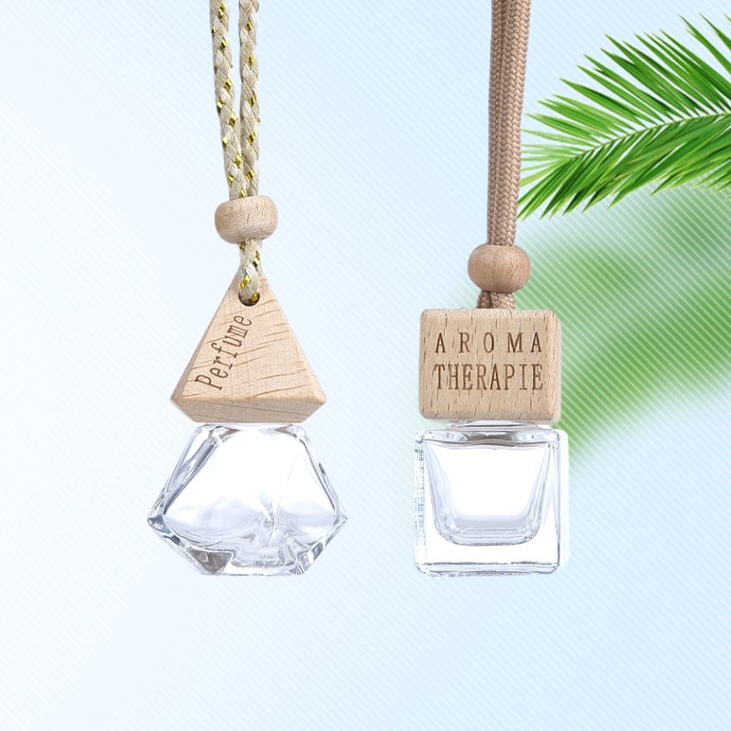 Custom clear 6ml 8ml 10ml car teardrop glass perfume bottle lanyard aromatherapy glass bottle with wood lid