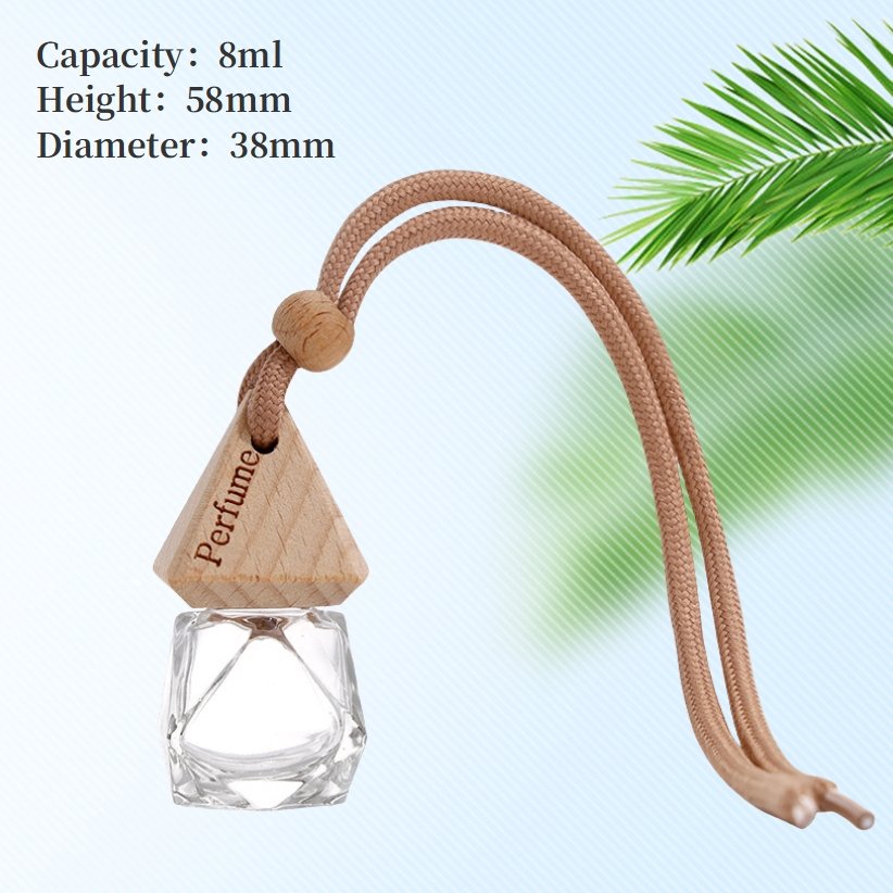 Custom clear 6ml 8ml 10ml car teardrop glass perfume bottle lanyard aromatherapy glass bottle with wood lid