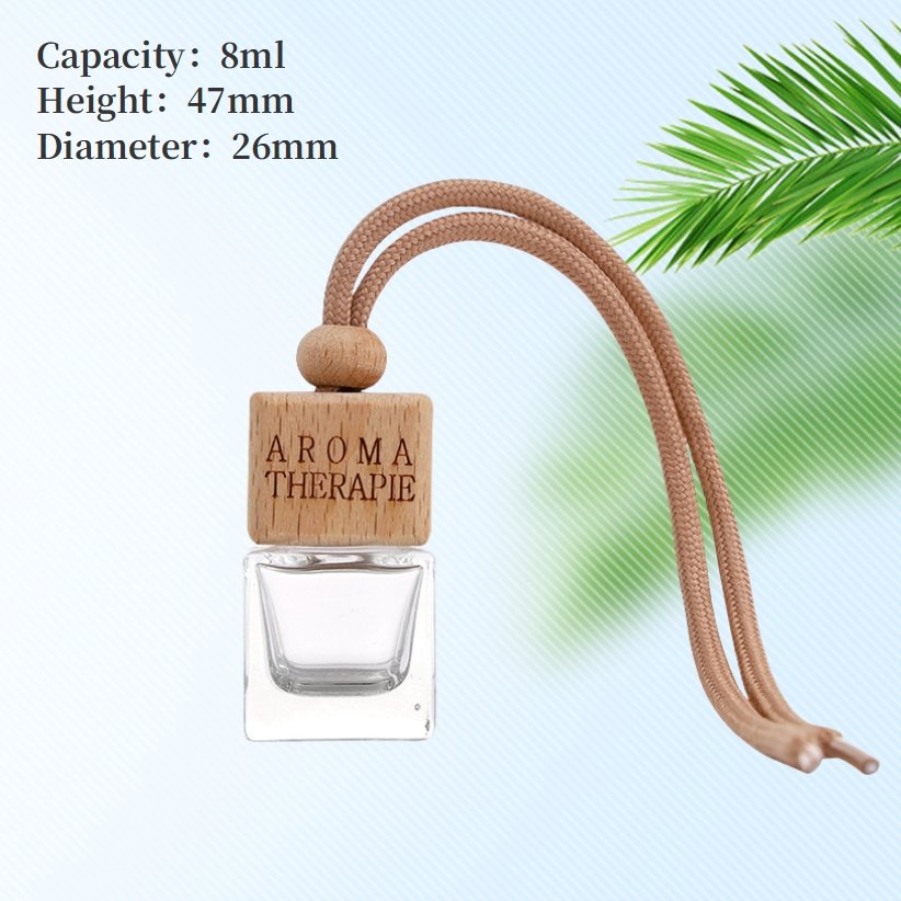 Custom clear 6ml 8ml 10ml car teardrop glass perfume bottle lanyard aromatherapy glass bottle with wood lid
