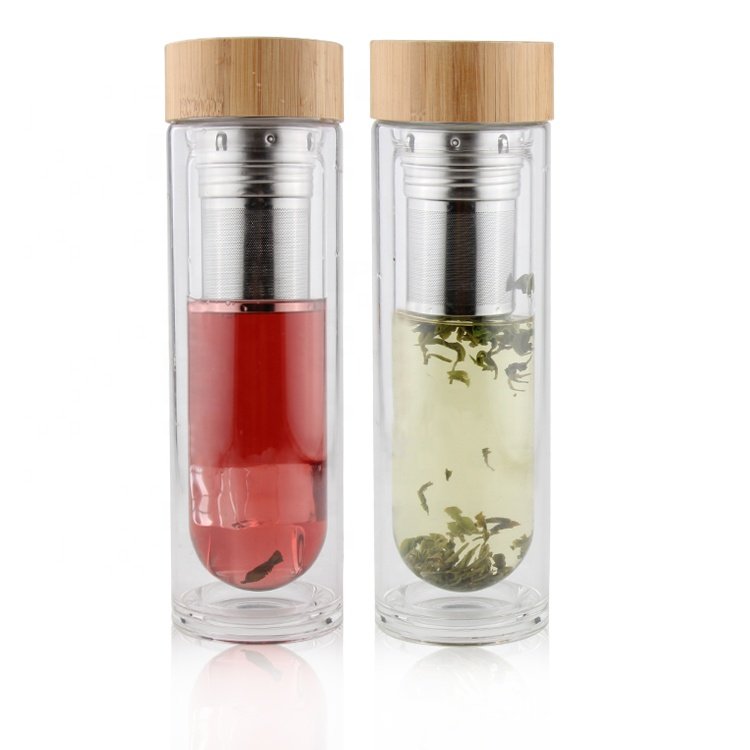 350/550ML,Tea Fruit Infused Custom Logo Reusable Double Wall Flat Infuser Borosilicate Blank Glass Water Bottle WIth Bamboo Lid