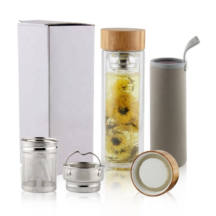 350/550ML,Tea Fruit Infused Custom Logo Reusable Double Wall Flat Infuser Borosilicate Blank Glass Water Bottle WIth Bamboo Lid
