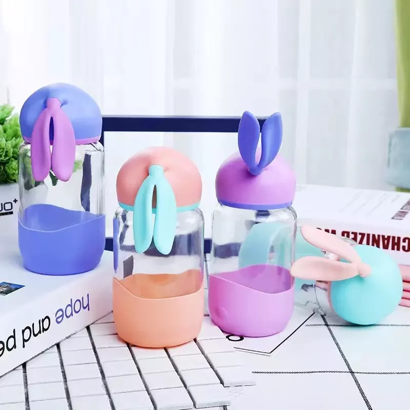 hot sale baby Wholesale outdoor children cute 350ml rabbit drinking glass bottle with Protect Silicone Sleeve
