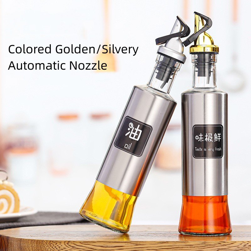 300ml Oil Vinegar Bottle Round Glass Dispenser with Stainless Steel Shell