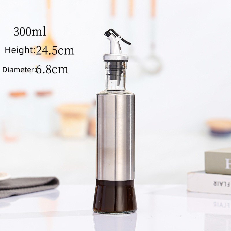 300ml Oil Vinegar Bottle Round Glass Dispenser with Stainless Steel Shell