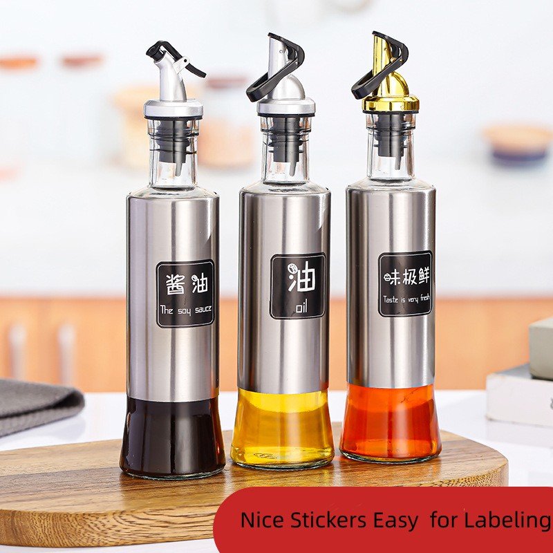 300ml Oil Vinegar Bottle Round Glass Dispenser with Stainless Steel Shell