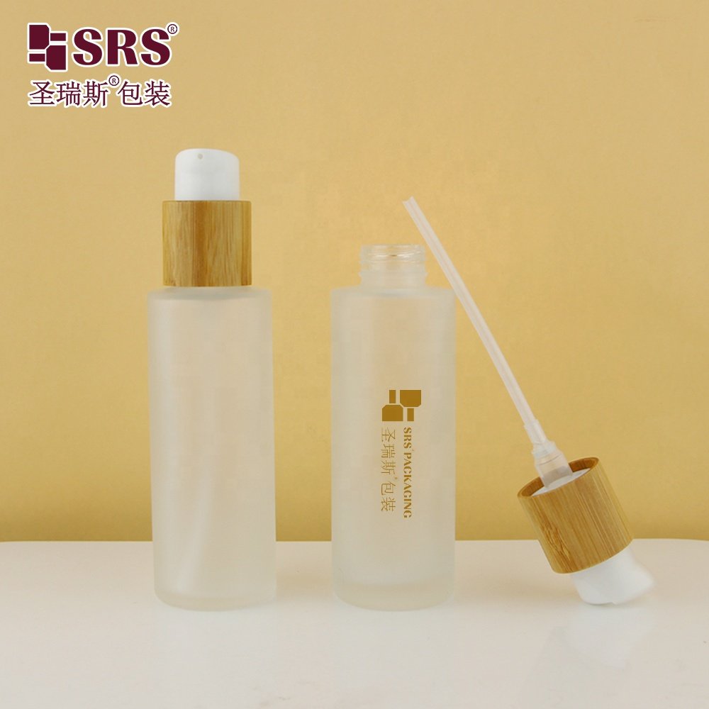 100ml Frosted Transparent Bottles With Rotary Pump Packaging Bamboo Glass Bottle