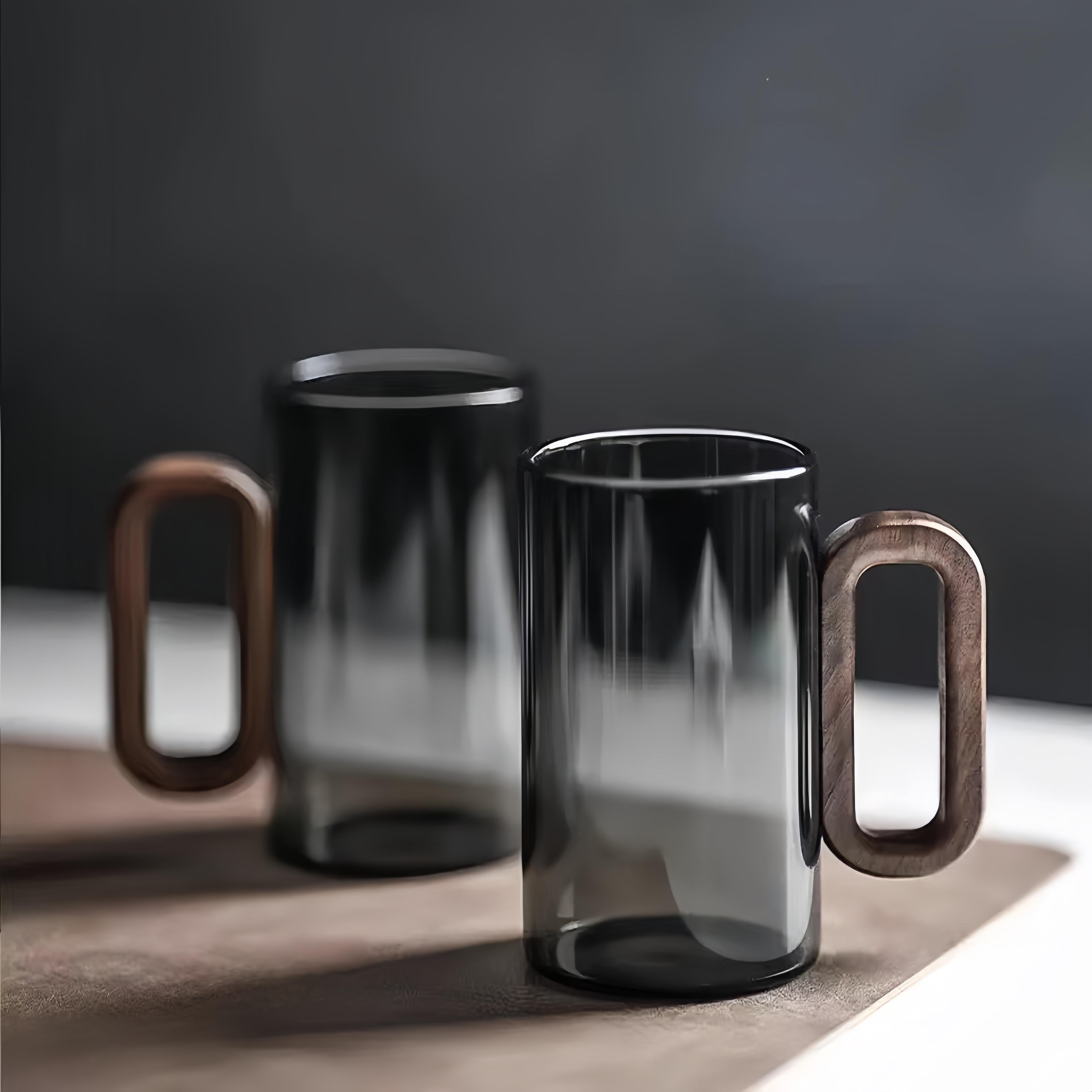 Creative wooden handle single tier glass cup high borosilicate glass tea cups glass water cup