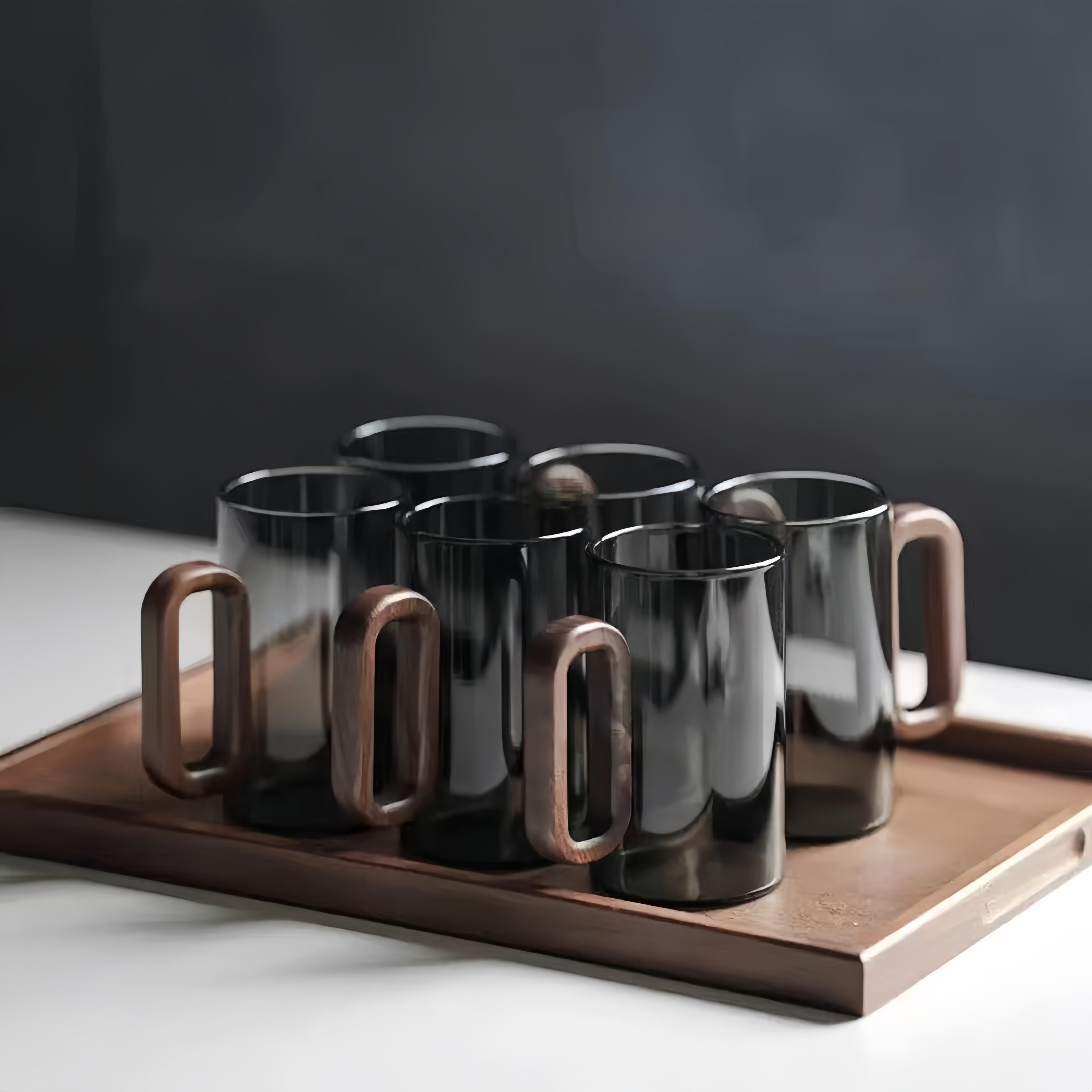 Creative wooden handle single tier glass cup high borosilicate glass tea cups glass water cup