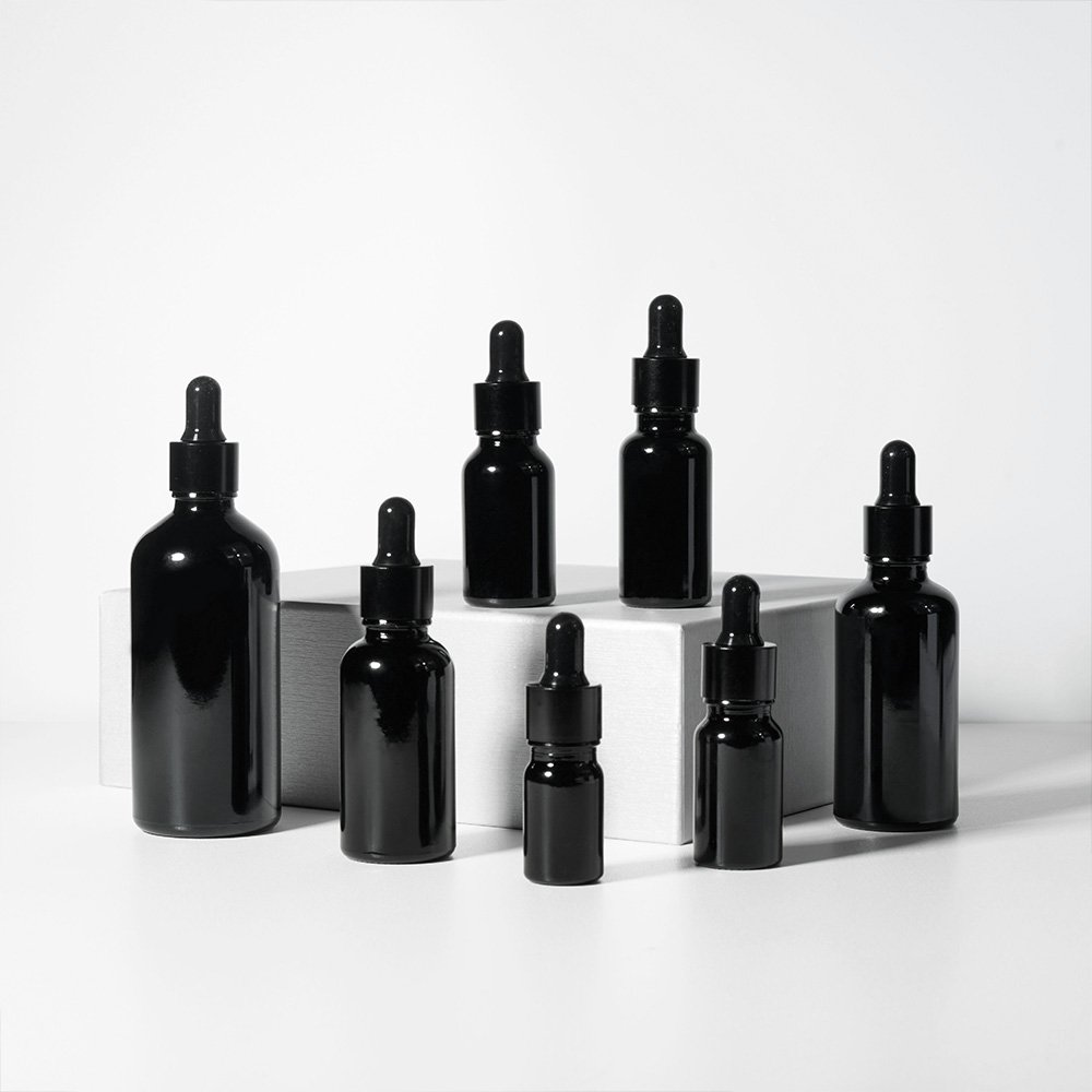 Luxury Custom Logo 1 oz 15ml 30ml 50ml 100ml Cosmetics Serum Oil Glossy Shiny Black Glass Dropper Bottles With Box