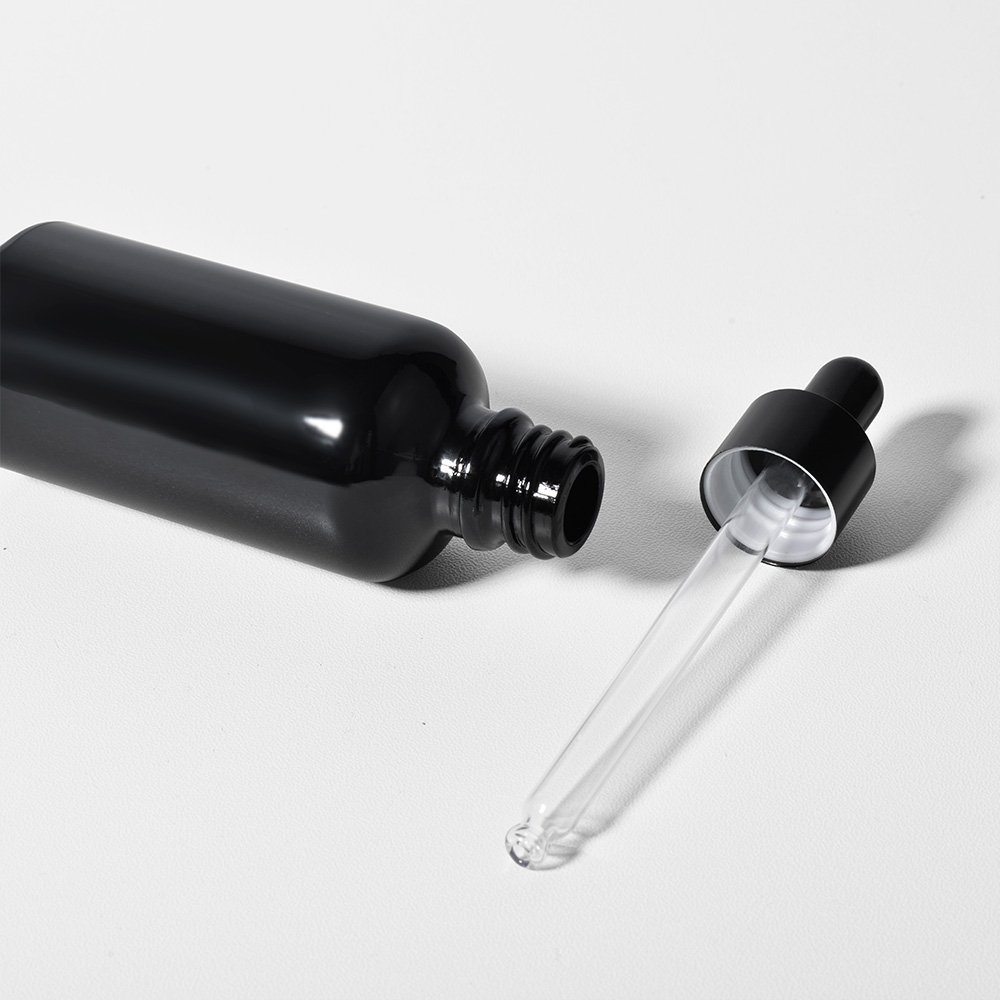 Luxury Custom Logo 1 oz 15ml 30ml 50ml 100ml Cosmetics Serum Oil Glossy Shiny Black Glass Dropper Bottles With Box
