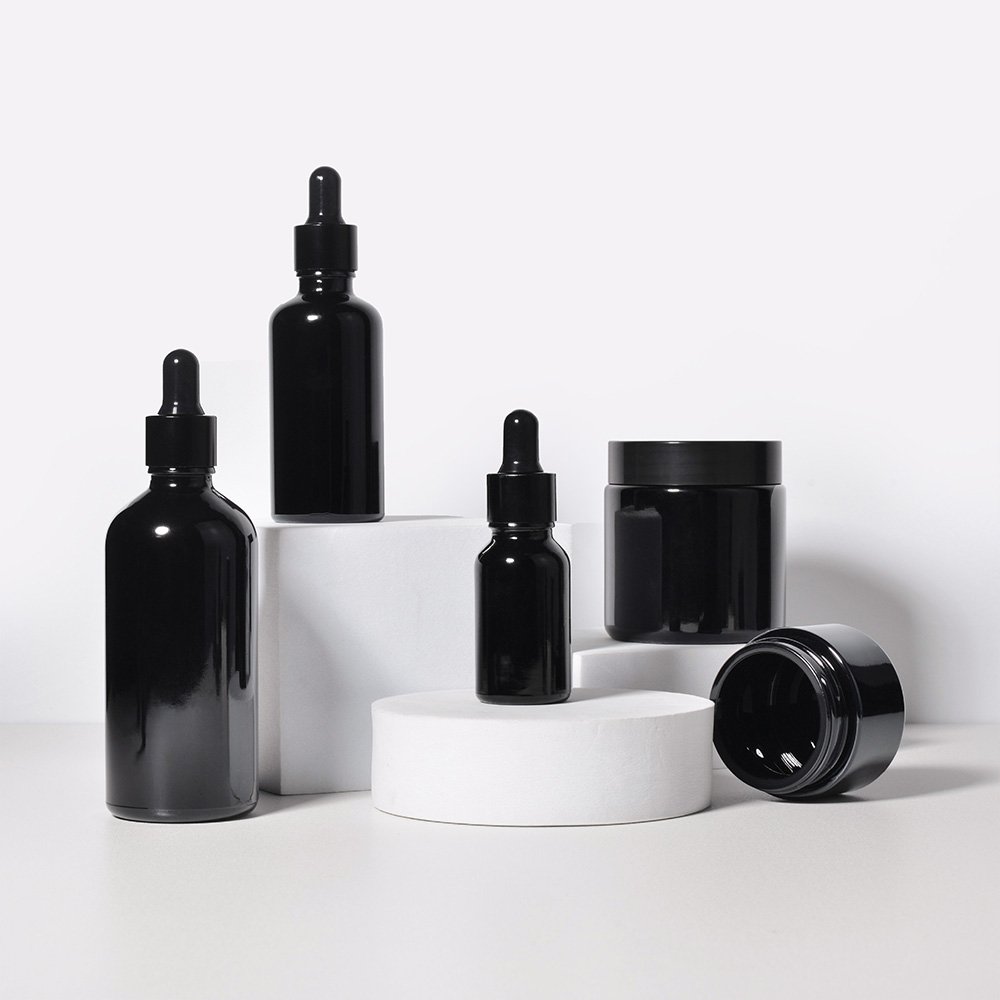 Luxury Custom Logo 1 oz 15ml 30ml 50ml 100ml Cosmetics Serum Oil Glossy Shiny Black Glass Dropper Bottles With Box
