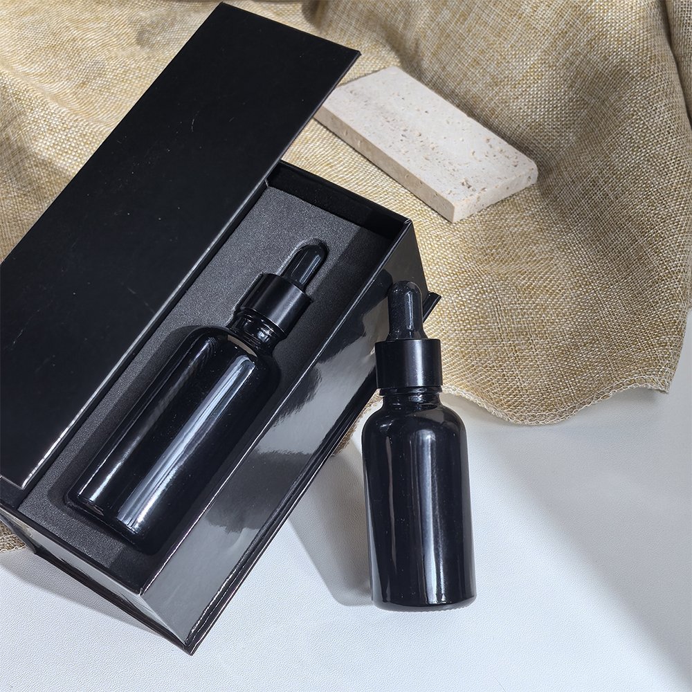 Luxury Custom Logo 1 oz 15ml 30ml 50ml 100ml Cosmetics Serum Oil Glossy Shiny Black Glass Dropper Bottles With Box