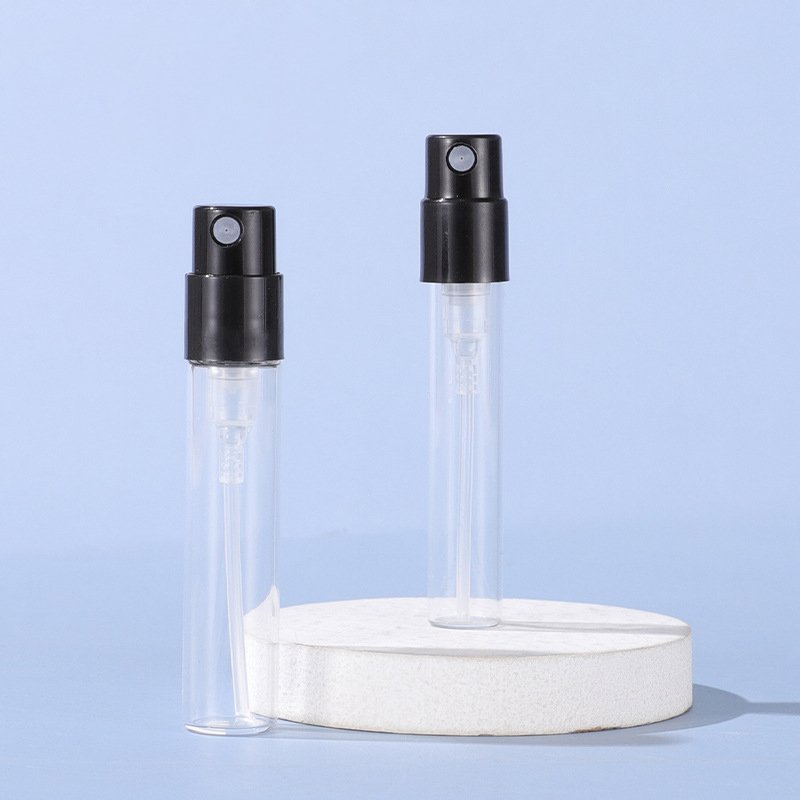 Sample perfume bottles 1ml 1.5ml 1.8ml 2.5ml mini portable clear glass bottle vial with black fine mist sprayer
