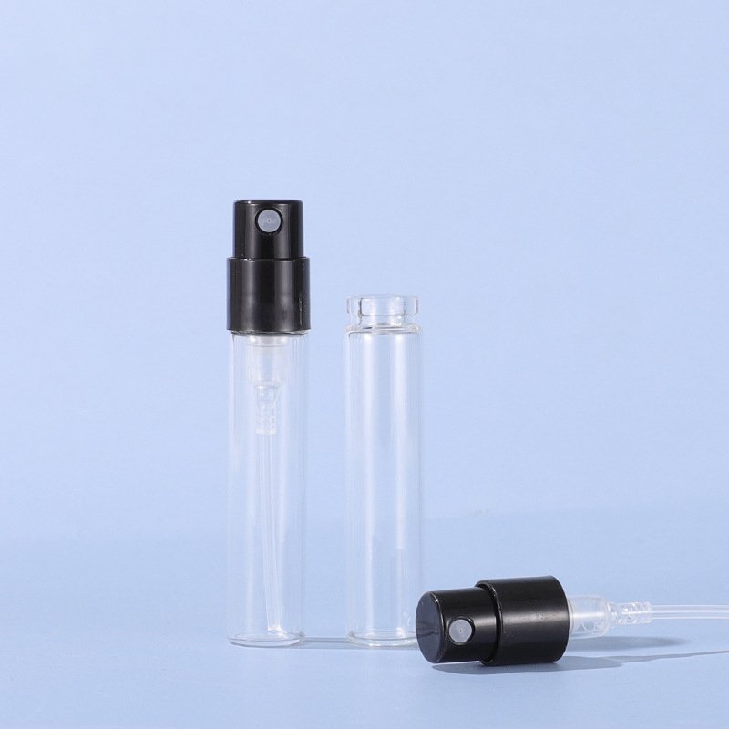Sample perfume bottles 1ml 1.5ml 1.8ml 2.5ml mini portable clear glass bottle vial with black fine mist sprayer