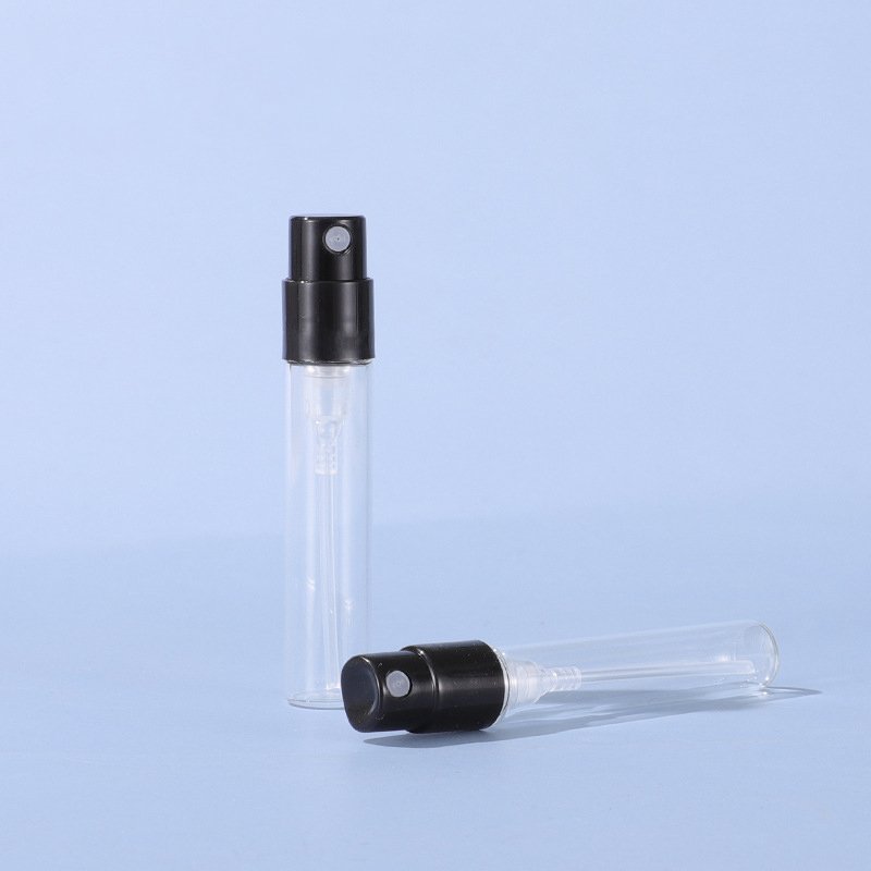 Sample perfume bottles 1ml 1.5ml 1.8ml 2.5ml mini portable clear glass bottle vial with black fine mist sprayer
