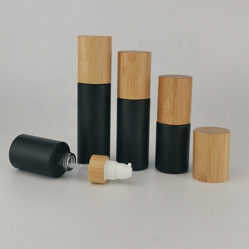 matte black glass bottle 30ml 50ml 100ml cosmetic serum bottle 30g 50g 150g 200g matte black cosmetic glass jar with bamboo lid
