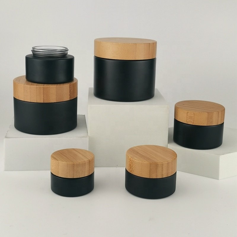 matte black glass bottle 30ml 50ml 100ml cosmetic serum bottle 30g 50g 150g 200g matte black cosmetic glass jar with bamboo lid
