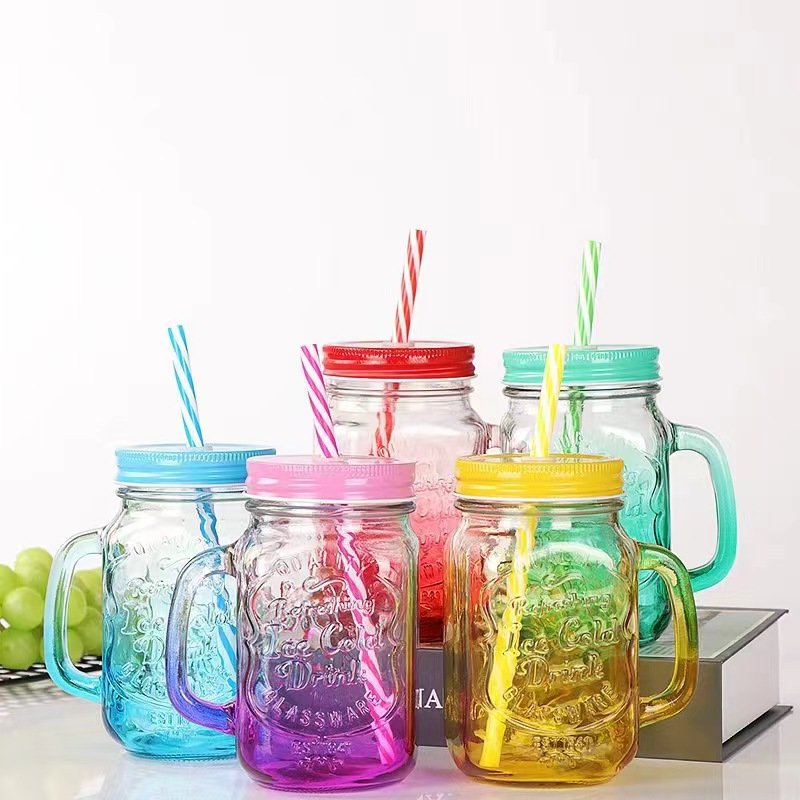 Mason Jar Mugs with Handles Old Fashioned Glass Bottle Juice Drink Clear Glass Water Bottle With Cover Straw Drinkware Cup