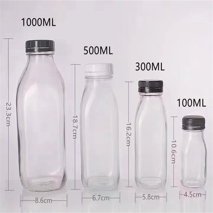 Wholesale square reusable tea beverage drinking 300ml 500ml empty milk glass juice bottles with cap