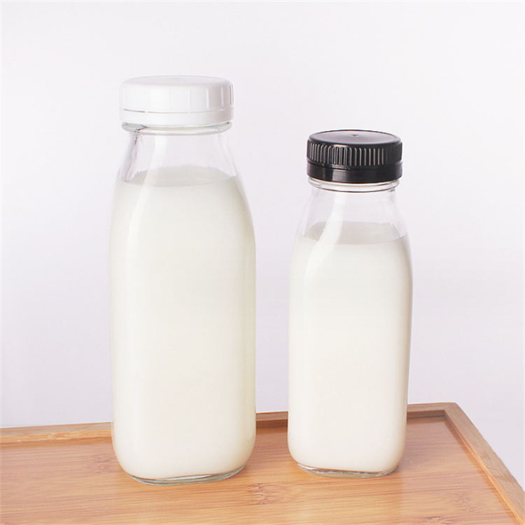 Wholesale square reusable tea beverage drinking 300ml 500ml empty milk glass juice bottles with cap