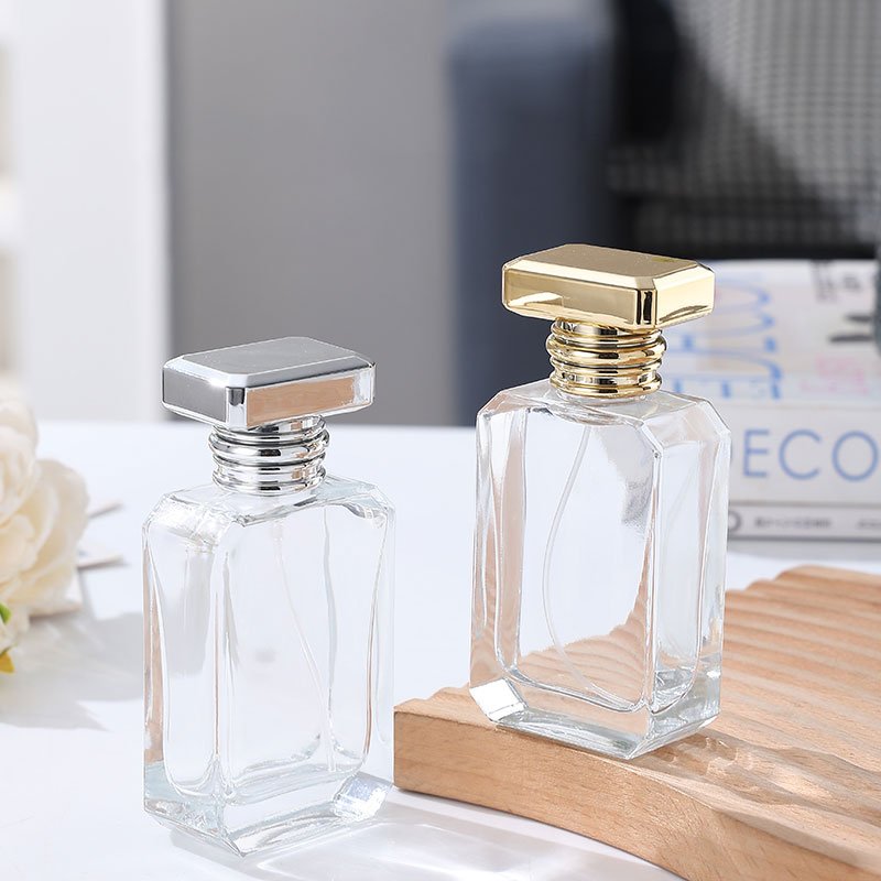 Hot sale elegant unique transparent square Perfume bottle 50ml luxury glass empty fragrance bottle