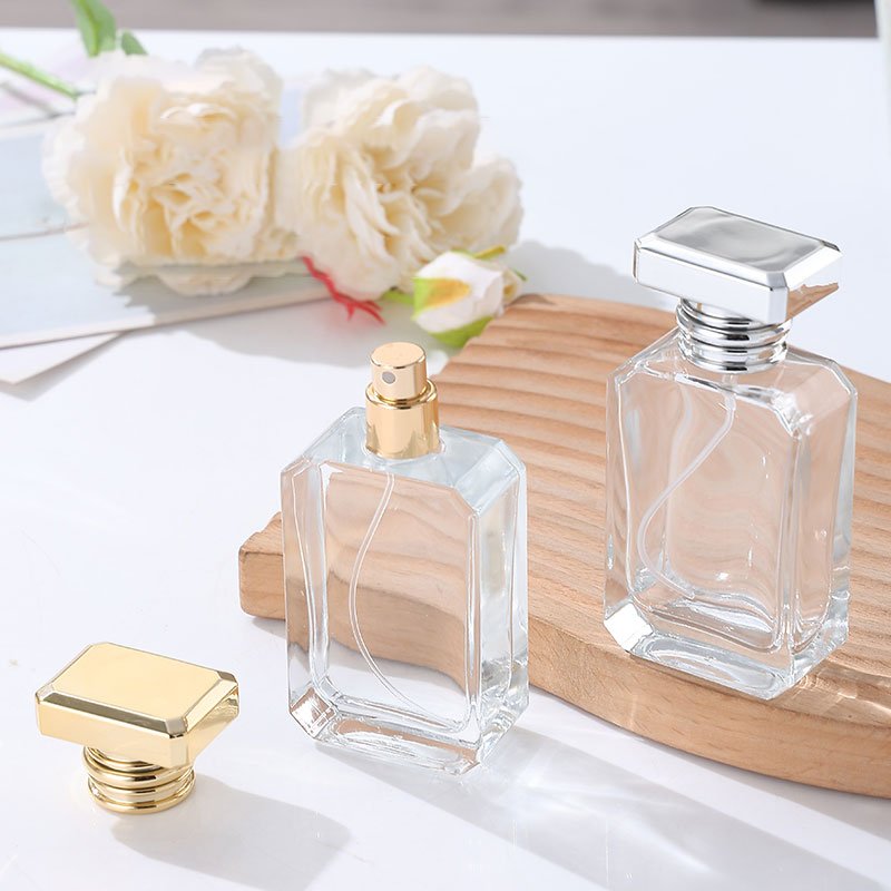 Hot sale elegant unique transparent square Perfume bottle 50ml luxury glass empty fragrance bottle