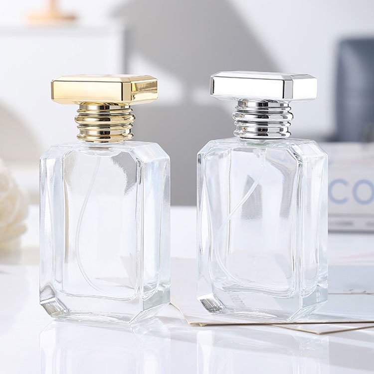 Hot sale elegant unique transparent square Perfume bottle 50ml luxury glass empty fragrance bottle
