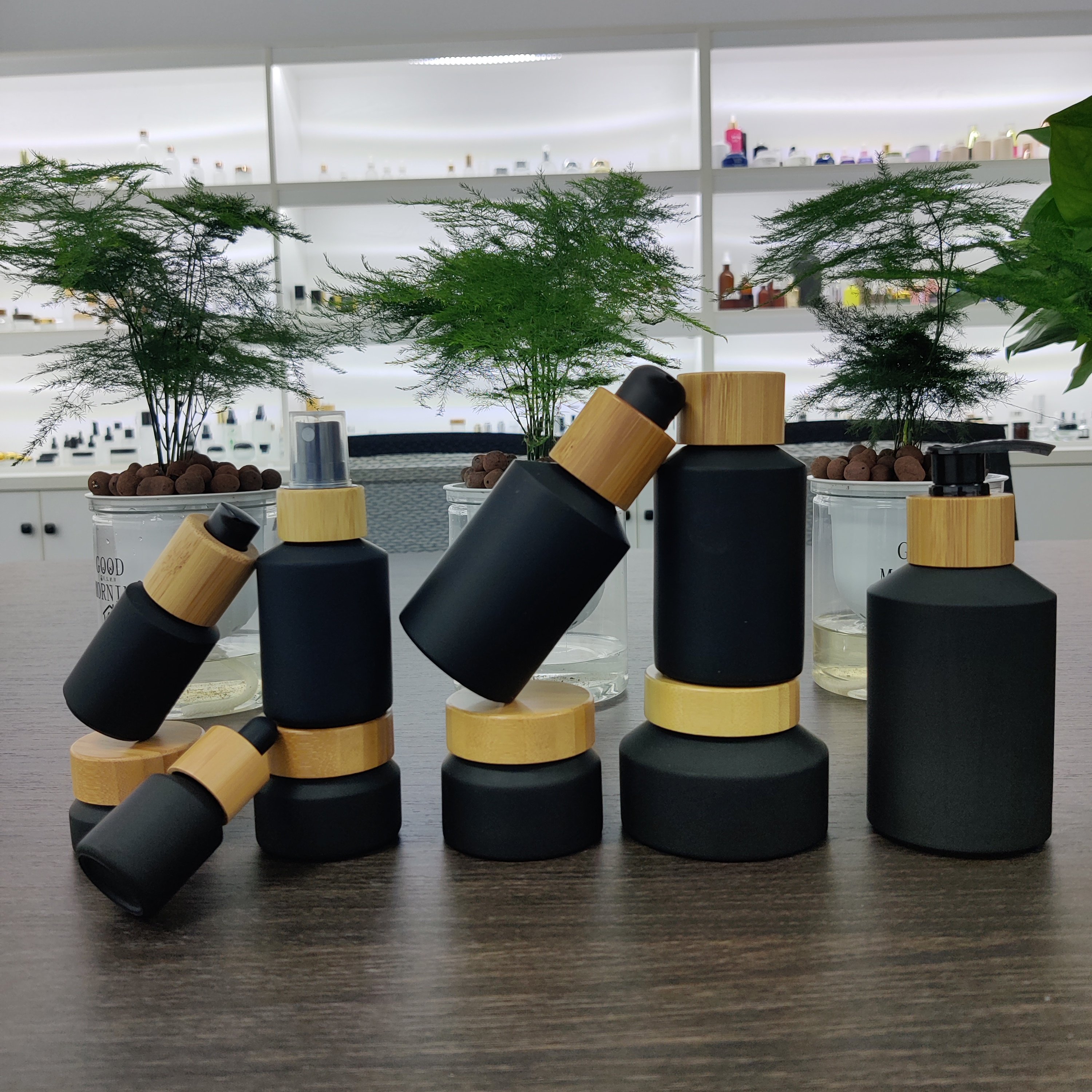 Cosmetic packaging 15ml-100g matte black slant shoulder glass bottle with gold lid/pump/dropper lotion bottle cream jar sets